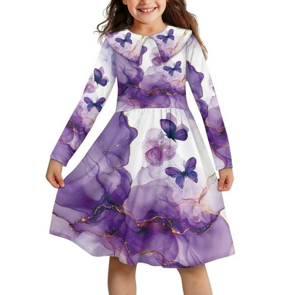 DISNIMO Marble Butterfly Dress Girls Purple Dress for Kids Long Sleeve Dresses for Midi Dresses for Kids 9-10 Girls Dresses with Collar Dress for Girls Dress Children Girls Dresses Soft