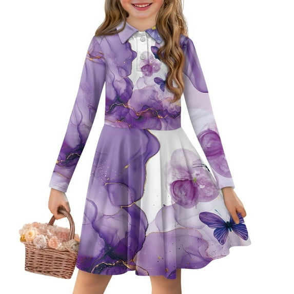 DISNIMO Marble Dresses for Kids Purple Butterfly Dress for Girls 4-5 Dresses Fall Girls Casual Dresses Midi Length Girls Skater Twirl Dress Children Holiday Dress for Girl Swing Dress Little Girl