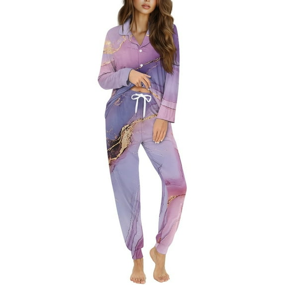 DISNIMO Marble Print Women's 2 Piece Pajama Sets Long Sleeve Nighwear Button Down Pjs V Neck Sleepwear Loungewear with Long Pants