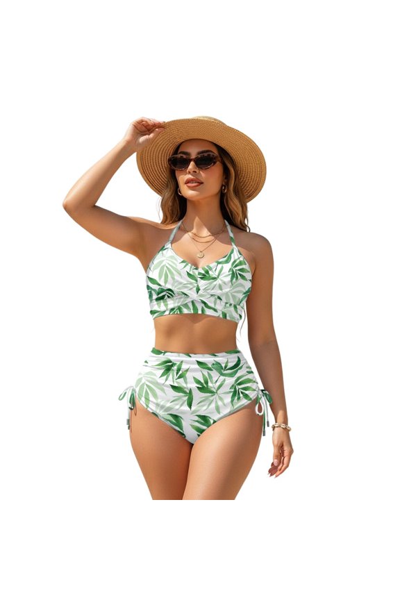 Marijuana Leaf Print Women Two Piece Bathing Suits Push Up Bikini Set High Waisted Tummy Control Swimsuits V Neck Swimwear for Summer Beach Vacation, M
