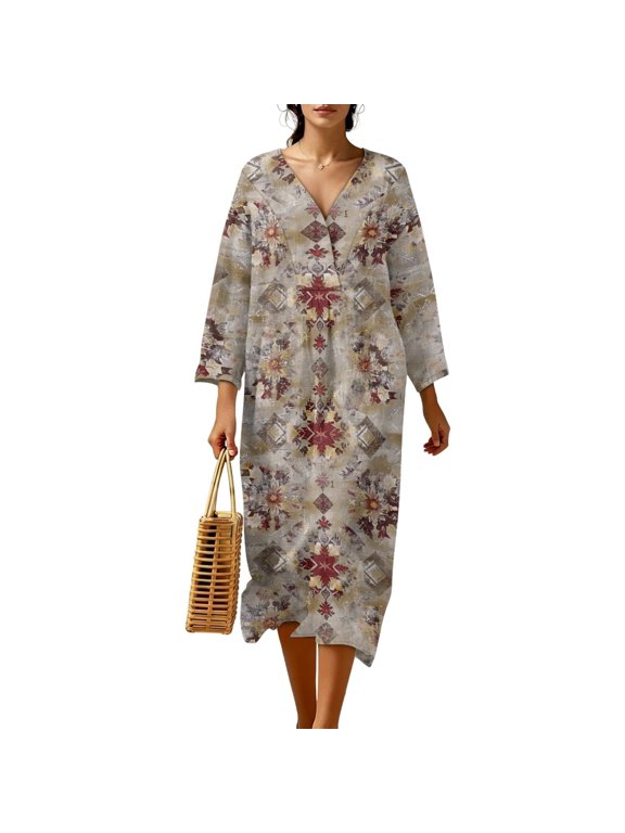 Maxi Dresses for Women Aztec Tribal Print Linen Style Long Dress Casual V Neck Dresses 3/4 Sleeve Loose Shift Dresses, 3XL