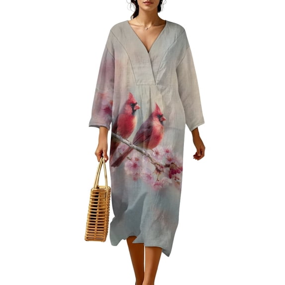 DISNIMO Maxi Dresses for Women Cardinal Print Linen Style Casual Dress V Neck Loose Shift Dress 3/4 Sleeve Midi Dresses, S