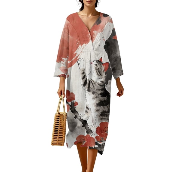 DISNIMO Maxi Dresses for Women Cat Flower Printed Casual V Neck Shift Dress Lightweight 3/4 Sleeve Dresses Womens Casual Midi Dress, M