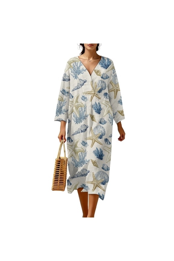 Maxi Dresses for Women Starfish Shell Print Casual Linen Style Shift Dress 3/4 Sleeve Midi Dresses Loose V-Neck Dress, L