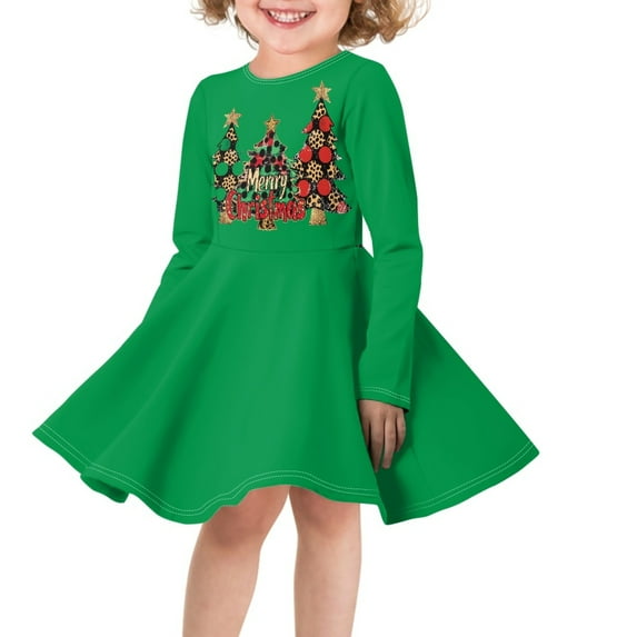 DISNIMO Merry Christmas Dress Girls Long Sleeve Green Dress Kids Christmas Tree Dress Size 9/10 Long Sleeve Dresses for Children Winter Dress Child Fall Dress Girl Swing Dress Kids Twirly Dress