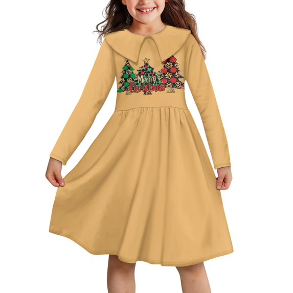 DISNIMO Merry Christmas Dress Girls Christmas Tree Dress Kids Long Sleeve Dresses for Girls Collared Dress Fall Girl Skater Dresses for Girls Midi Long Sleeve Dress Child Girl Dress 3-4 Years