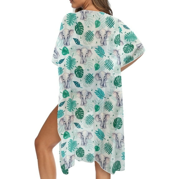 DISNIMO Monstera Elephant Print Women's Swimsuit Coverups Long Kimono Beach Swimsuit Cover up Casual Loose Summer Bikini Cover Up for Vacation