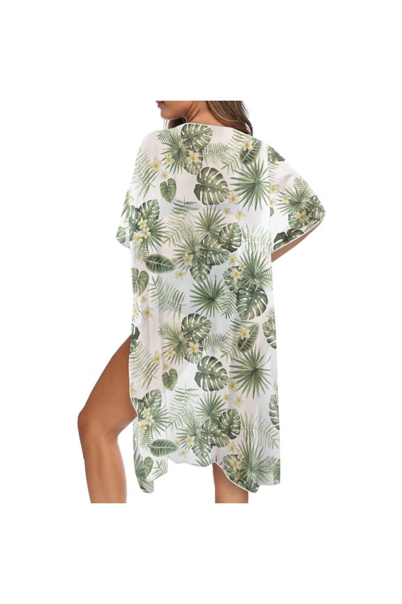 Monstera Plumeria Print Womens Casual Swimsuit Coverups Palm Tree Printed Casual Loose Kimono Cover Up Cardigans Long Summer Beach Bikini Coverup