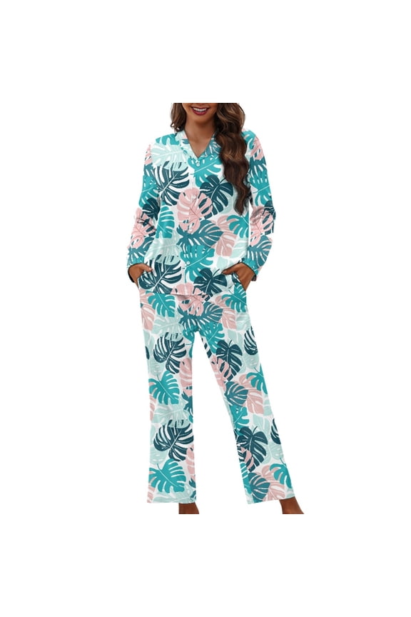 Monstera Printed Womens Two Piece Pajama Set Long Sleeve Top Wide Leg Pants Comfy V Neck Sleepwear with Pockets Button Down Lounge Nightwear, XS