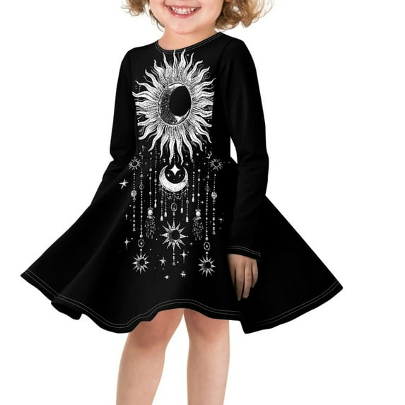 DISNIMO Moon And Sun Dress for Girls Galaxy Dress for Kids Black Long Sleeve Dress for Children Dresses Size 7-8 Girls Fall Dress for Kids Black Midi Dress Casual Girl Dress School for Girls