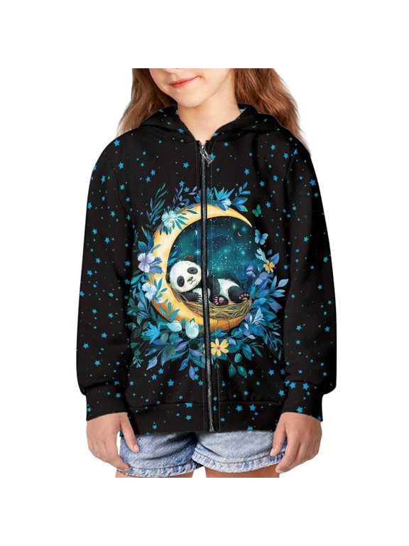 Moon Panda Hoodie Kids Flower Hoodie Girls Star Hoodie Zip Up Boys Sweatshirt Size 8-10 Hoodie Jacket Sweatshirts Trendy Graphic Jackets for Girls Hoodie Coat Children Fall