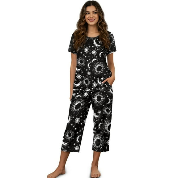 DISNIMO Moon Sun Printed Womens Pajama Set, Star Printed Sleepwear Casual 2 Piece Pjs Set Short Sleeve Tops and Capri Pant Lounge, 3XL