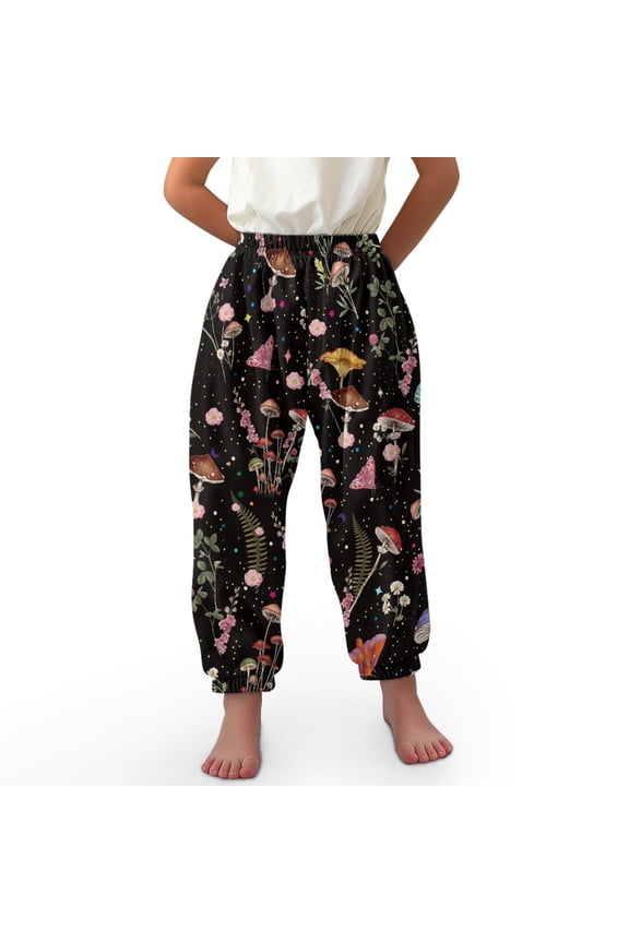 Mushroom Daisy Bloomer Harem Pants for Kids Baggy Pants for Girls Size 8-12 Long Pants Loose Trousers for Girls Soft Sweatpants for Kids Bloomers Trousers High Waisted Beach Pants Casual