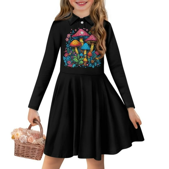 DISNIMO Mushroom Dress Kids Floral Dress Fall Girl Dresses Size 7-8 Long Sleeve Midi Dress Girl Button Dresses Girl Dresses Church Dress Girl Flower Dress Children Skater Dress Collar