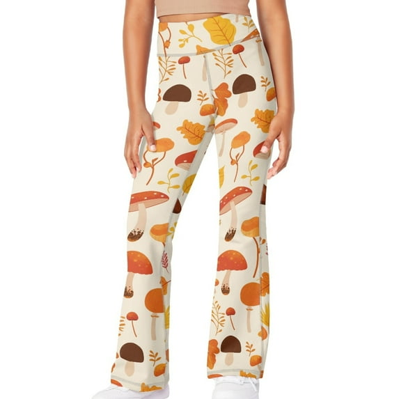 DISNIMO Mushroom Fall Girls Bell Bottom Stretchy Knit Pants Summer Flare Ribbed Bootcut Leggings 11-12 Years Kids Workout Dancing Yoga Bell Bottoms Leggings with Pockets