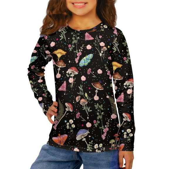 DISNIMO Mushroom Flower Long Sleeve Shirt for Girls Kids T Shirts for Girls Size 11-12 Long Sleeve Shirts for Girls T-Shirts Crew Neck Long Sleeve T-Shirt for Girls Long Sleeve Tee Shirts
