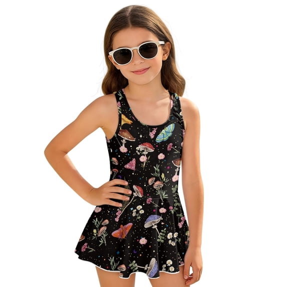 DISNIMO Mushroom Flower Print Girls Swimsuits One-Piece Bathing Suit with Skirt Sleeveless Swim Dress Soft U Neck Swimwear Hawaiian Summer Swimsuit for Kids 3-4Y