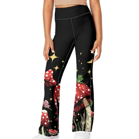 DISNIMO Mushroom Frog Bell Bottom Pants for Girls 9-10 Kids Flare Leggings Sport Yoga Pants for Kids High Waisted Bell Bottoms for Dance Kids Elastic Waist Flare Leggings with Pockets