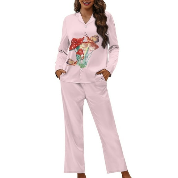 DISNIMO Mushroom Frog Print Women 2 Piece Pajama Sets Long Sleeve Sleepwear with Long Pants Button Down Nightwear Loungewear Casual Loose Lounge Sets, 3XL