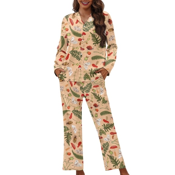 DISNIMO Mushroom Leaf Print Women Pajama Sets Long Sleeve Sleepwear with Long Pants 2 Piece Lounge Set with Pockets Button Down Loungewear Nightwear, XS