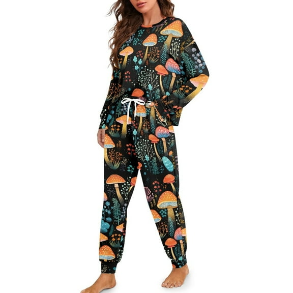 DISNIMO Mushroom Print Women Pajama Set 2 Piece Sleepwear Tops with Long Pants Casual Soft Pjs Lounge Set Long Sleeve Loungewear Crew Neck Nightwear with Pockets, S