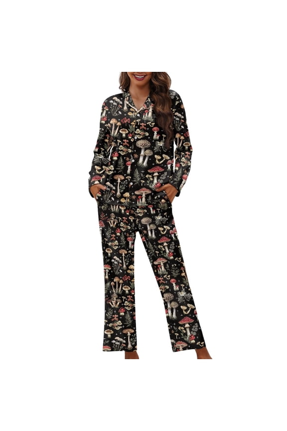 Mushroom Print Women Pajama Sets Long Sleeve Sleepwear with Long Pants 2 Piece Lounge Set with Pockets Button Down Nightwear Loungewear, 3XL