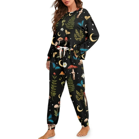 DISNIMO Mushroom Printed Pajamas Set for Women Moon Butterfly Printed Casual Soft Sleepwear with Pocket Long Sleeve Shirt with Long Pajama Pant Set 2 Piece Loungewear Sets, XL