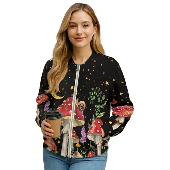 DISNIMO Mushroom Star Printed Sweatshirts for Women Warm Jackets Long Sleeve Outwear Zip Up Sweatshirt Jacket for Fall Winter, M