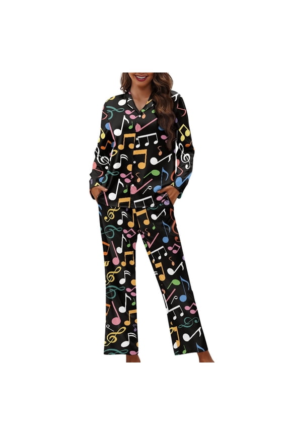 Music Note Print Women 2 Piece Pajama Sets Long Sleeve Sleepwear with Long Pants Button Down Nightwear Loungewear Casual Loose Lounge Sets, XS