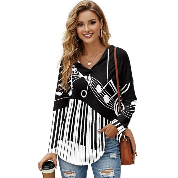 DISNIMO Musical Note Printed Shirts for Women Fall Winter Sweatshirts Long Sleeve Pullover Tops Waffle Hoodies for Women, XL