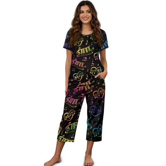 DISNIMO Musical Note Printed Women's Pajama Sets Soft Sleepwear Short Sleeve Pjs Summer Lounge with Pockets, XL