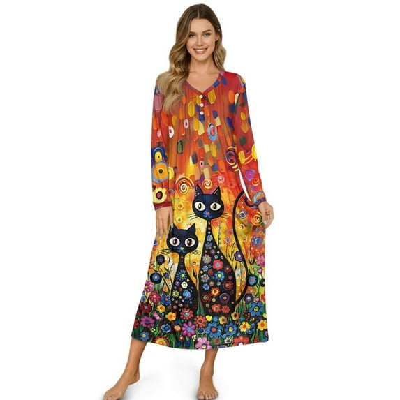 DISNIMO Nightgown for Women Cat Flower Printed Nightshirts Long Sleeve Sleeve Sleepshirts Comfortable Sleepwear Button Front Night Gowns Soft House Dress, XL