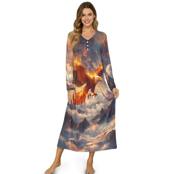 DISNIMO Nightgown for Women Eagle Printed Nightshirts Long Sleeve Sleeve Sleepshirts Comfortable Sleepwear Button Front Night Gowns Soft House Dress, L