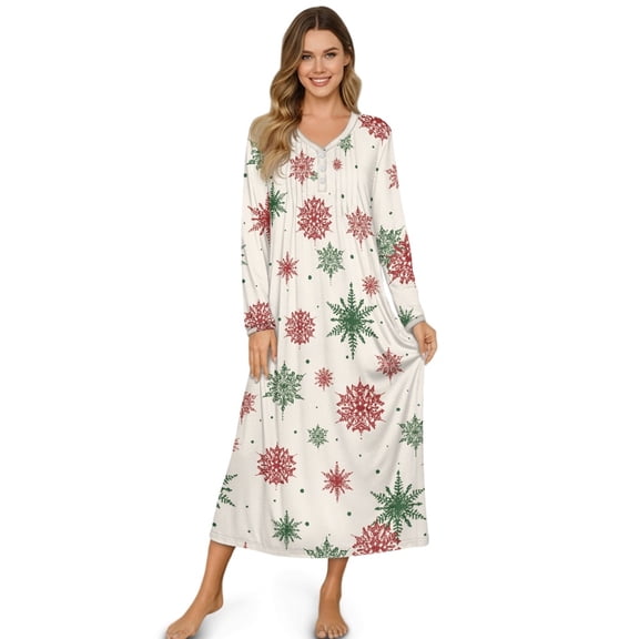 DISNIMO Nightgowns for Women Snowflake Print Soft Ladies Sleepwear Long Sleeve Night Gown Button V Neck Nightshirt Full Length Sleep Shirt Pajama Dress, M