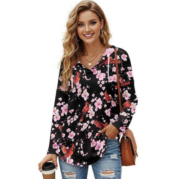 DISNIMO Northern Cardinal Printed Hoodies for Women Trendy Sweatshirts Long Sleeve Pullover Tops Cherry Blossom Printed Waffle Shirts for Women, M