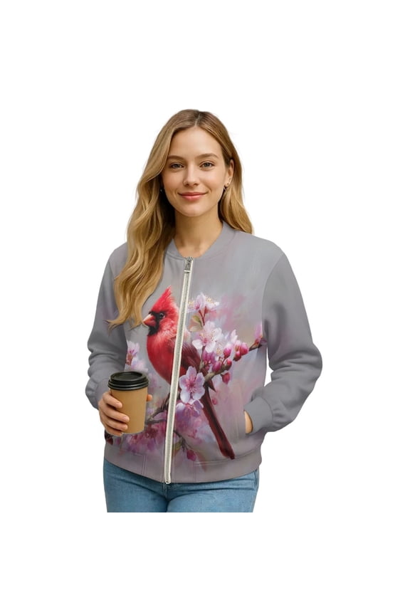Northern Cardinal Printed Jackets for Women Cherry Blossom Printed Sweatshirts Zip Up Outwear Long Sleeve Jackets with Pockets, XL