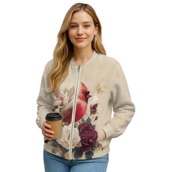 DISNIMO Northern Cardinal Printed Jackets for Women Floral Printed Sweatshirts Zip Up Outwear V Neck Jackets with Pockets, L
