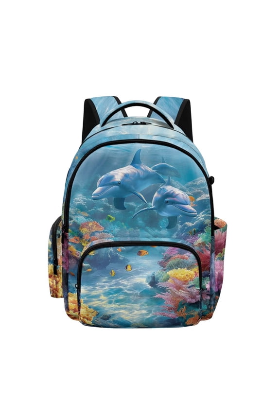 Ocean Dolphin Print 17 Inch School Backpack for Kids, Sturdy Lightweight Bookbag with Adjustable Shoulder Straps, Multi Pocket for Students Daily Use Travel