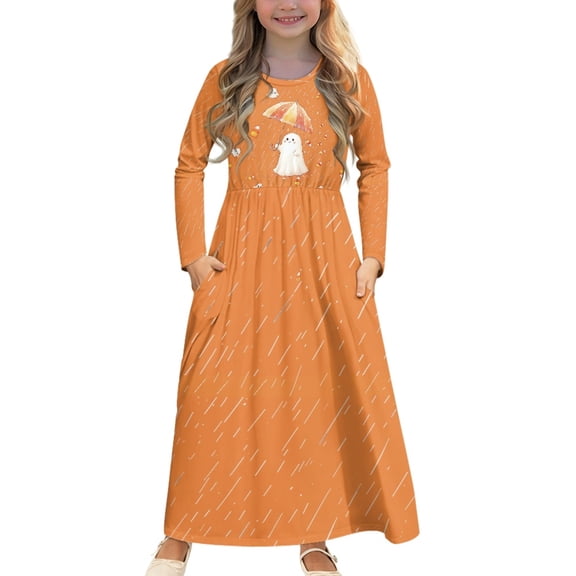 DISNIMO Orange Halloween Ghost Fall Frocks for Girls 13-14 Years Daily Wear dresses for Kids Long Sleeve Dress for Girls Dresses with Pockets Girls Twirl Skater Dress for Girls Crew Neck