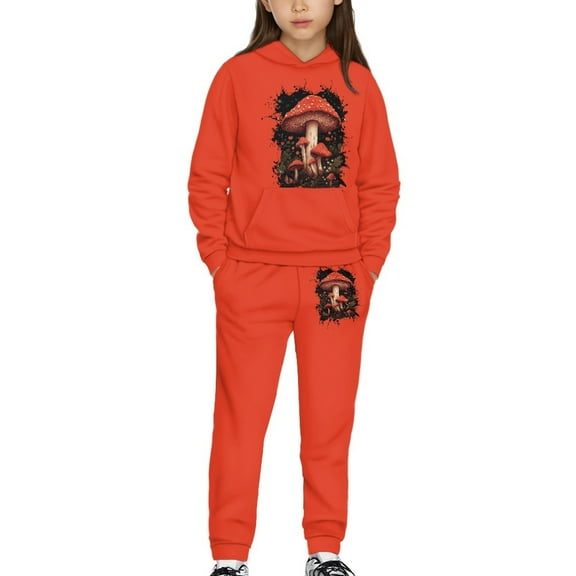 DISNIMO Orange Mushroom Hoodies for Girls Soft Hooded Sweatshirt Set Kids Hoodies And Sweat Pants Sets for Girls 2 Piece Hoodie Outfits for Girls 4-5 Hoodies And Pants Set for Boys Pullover Hoodie