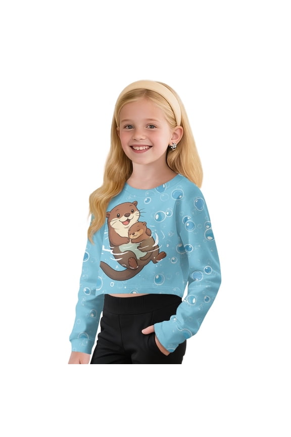 Otter Printed Girls' Cropped Sweatshirt Long Sleeve Crop Tops Hoodies Crewneck Pullover Tops Fall Fashion Shirts Back to School Clothes for Teen Girls