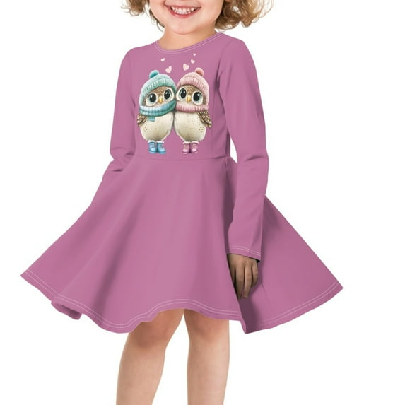 DISNIMO Owl Dress for Girls Heart Dress Kids Purple Dresses for Girls 3-4 Long Sleeve Midi Dress Girls Lightweight Dress for Children Clothes Girls Dresses Soft Dress Twirly Skater Dress Girls