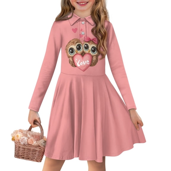 DISNIMO Owl Dress Girls Heart Dresses for Girls 13-14 Fall Twirl Dress Girls Midi Dress Long Sleeve Teens Skater Dress Girl School Dresses with Collars for Girls Button Up Dress for Youth Clothing