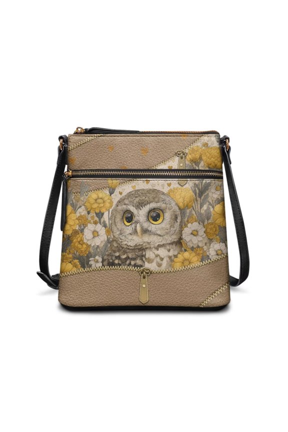 Owl Flower Print Messenger Handbag Women's Crossbody Handbags with Pockets PU Leather Satchel Shoulder Bag with Removable Strap