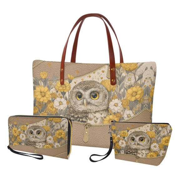 DISNIMO Owl Flower Print Womens Tote Bag Set Top Handle Satchel Bag with Matching Wallet and Makeup Pouch Portable Hobo Handbag, Brown