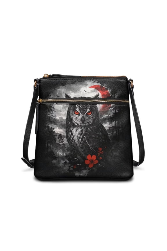 Owl Print Crossbody Handbag PU Leather Shoulder Satchel Purse with Adjustable Strap Zipper Closure Messenger Bag