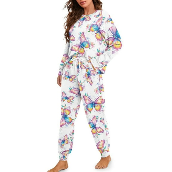 DISNIMO Pajama Set for Women Butterfly Print 2 Piece Lounge Sets Long Sleeve Nightwear with Long Pants Casual Sleepwear Sets with Pocket Round Neck Nightwear Soft Pajama Outfits, S