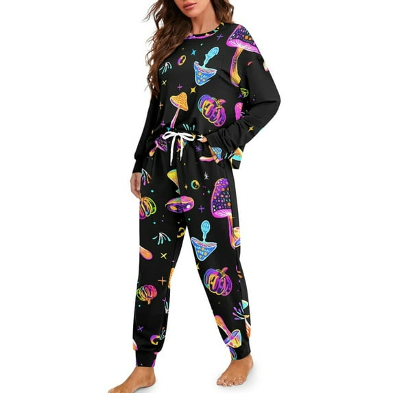 DISNIMO Pajama Set for Women Mushroom Print Soft Comfy Loungewear Long Sleeve Lounge Sets 2 Piece Pjs Sets Casual Nightwear with Pocket Round Neck Sleepwear, 2XL