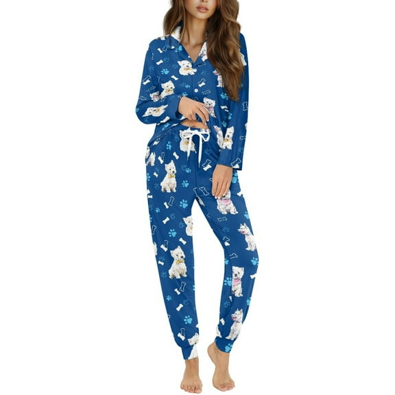 DISNIMO Pajama Set for Women Schnauzer Print Long Sleeve Sleepwear Button Down Pjs Soft 2 Piece Lounge Sets V Neck Casual Nightwear with Long Pajama Sets