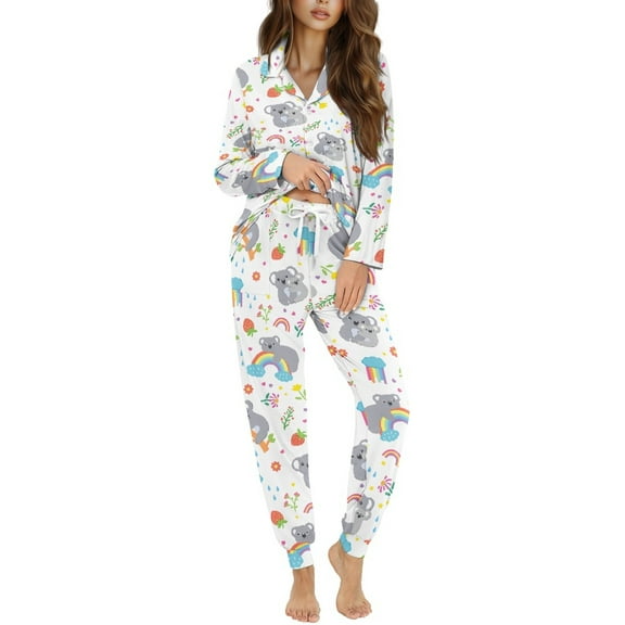 DISNIMO Pajama Sets for Women Koala Flower Print 2 Piece Long Sleeve Sleepwear Soft V Neck Tops and Long Pants Set Button Down Loungewear Nightwear